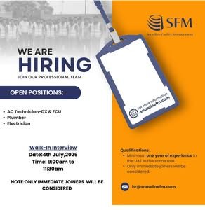 Snowline Facility Management Walk-In Interview 2026 – UAE Jobs for AC Technicians, Plumbers & Electricians 1 Snowline Facility Management Walk-In Interview 2026 – UAE Jobs for AC Technicians, Plumbers & Electricians