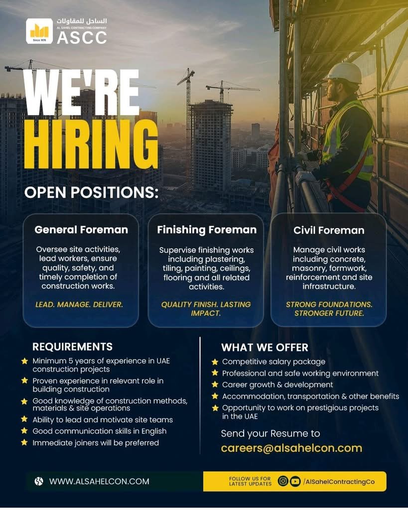 Al Sahel Contracting Company Careers UAE 2026 | Foreman Jobs in Dubai