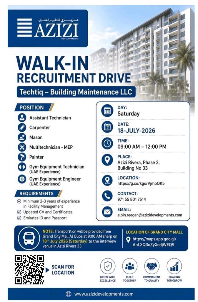 Azizi Developments Walk-In Interview 2026 | Techtiq Building Maintenance LLC Recruitment Drive