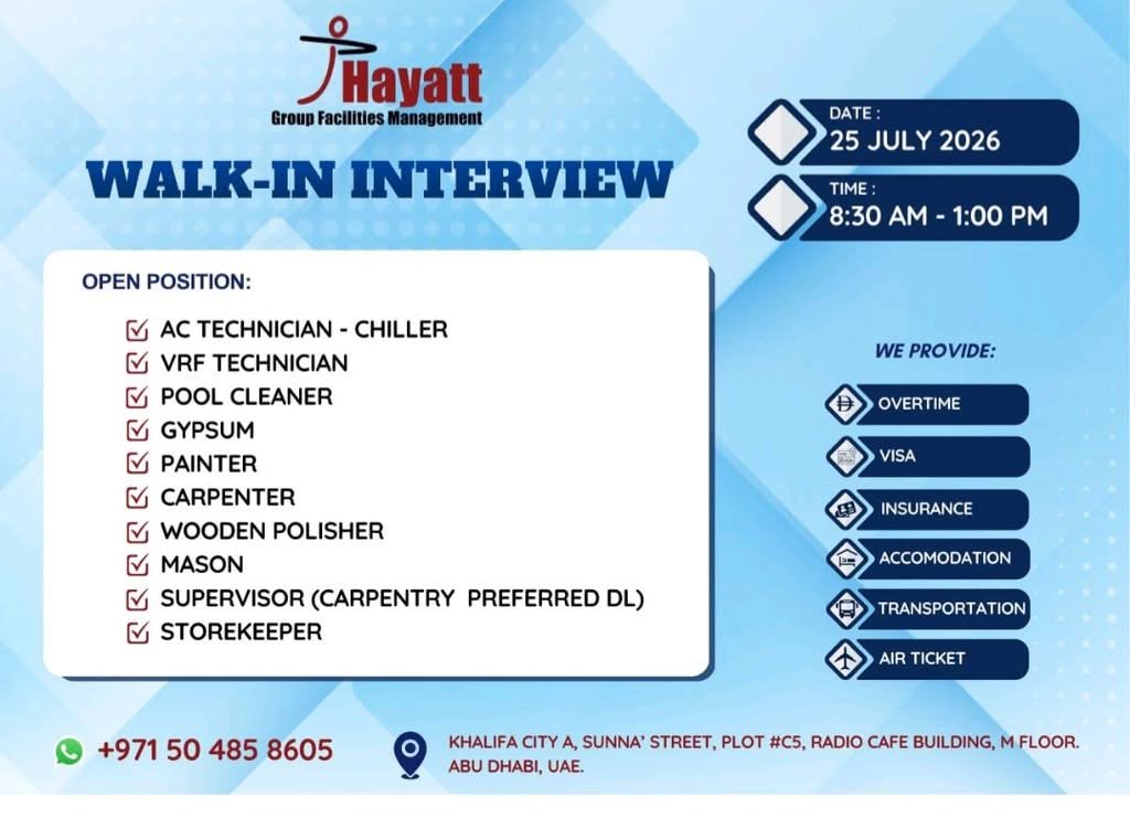 Hayatt Group Facilities Management Walk-In Interview 2026 in Abu Dhabi – Multiple Job Vacancies 1 Hayatt Group Facilities Management Walk-In Interview 2026 in Abu Dhabi – Multiple Job Vacancies