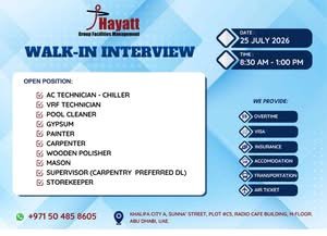 Hayatt Group Facilities Management Walk-In Interview 2026 in Abu Dhabi – Multiple Job Vacancies