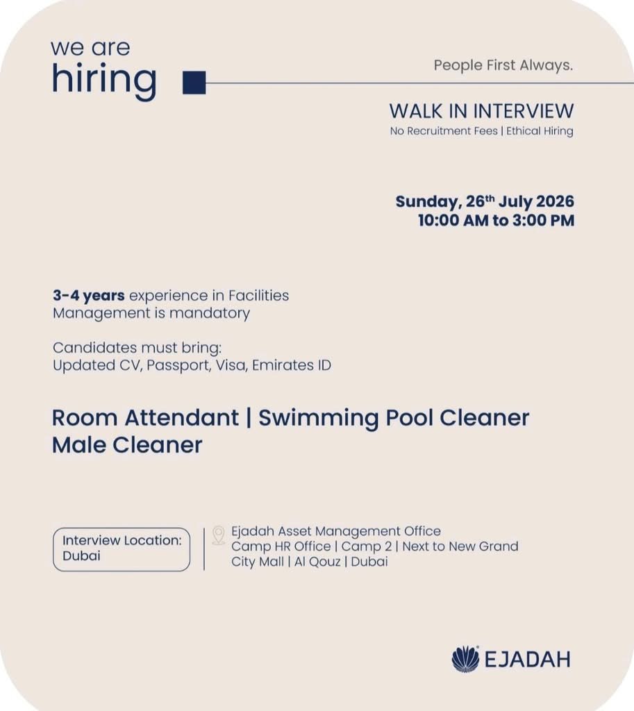 Ejadah Walk-In Interview 2026 in Dubai – Apply for Multi Technician, Electrician, Room Attendant & More 2 Ejadah Walk-In Interview 2026 in Dubai