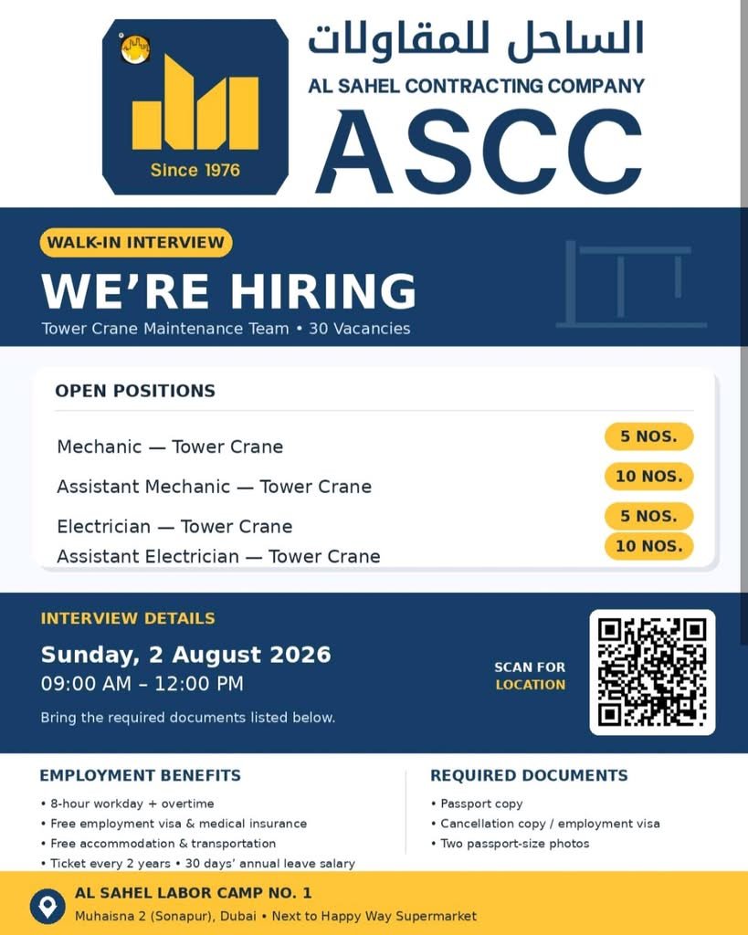 ASCC Walk-In Interview 2026 | Al Sahel Contracting Company Careers in Dubai 1 ASCC Walk-In Interview 2026 | Al Sahel Contracting Company Careers in Dubai