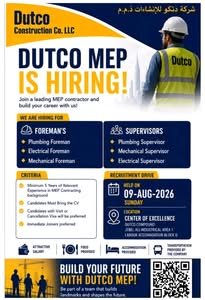 DUTCO MEP Walk-In Interview 2026 in Dubai – Foreman & Supervisor Jobs