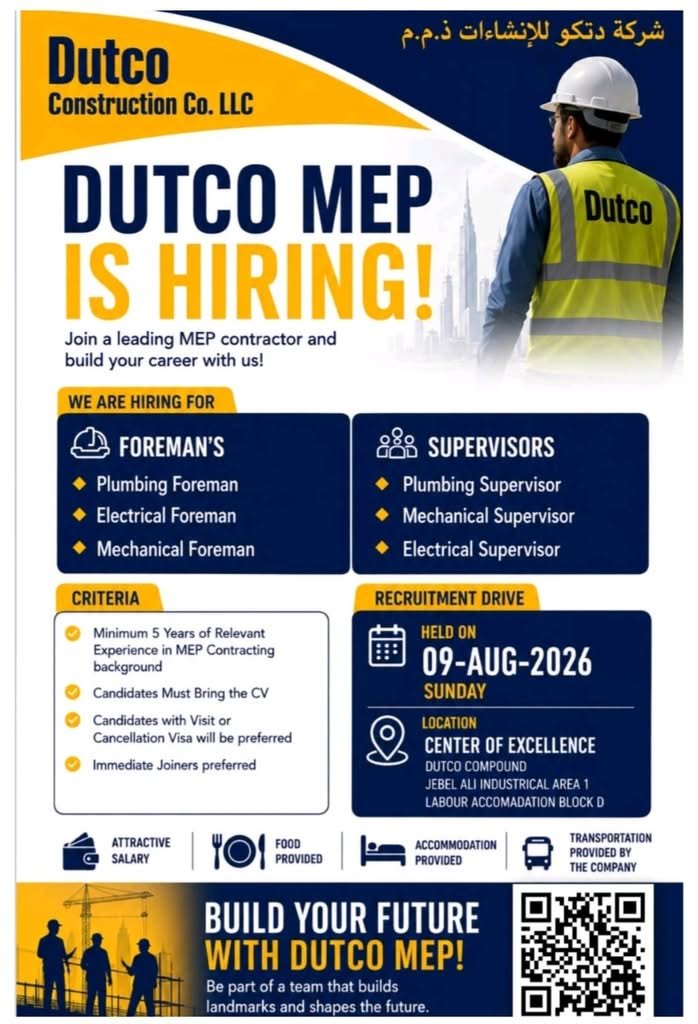 DUTCO MEP Walk-In Interview 2026 in Dubai – Foreman & Supervisor Jobs 1 DUTCO MEP Walk-In Interview 2026 in Dubai – Foreman & Supervisor Jobs