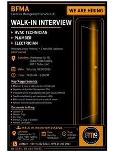 BFMA Facilities Management Walk-In Interview 2026 – HVAC Technician, Plumber & Electrician Jobs in Dubai 1 BFMA Facilities Management Walk-In Interview 2026 – HVAC Technician, Plumber & Electrician Jobs in Dubai