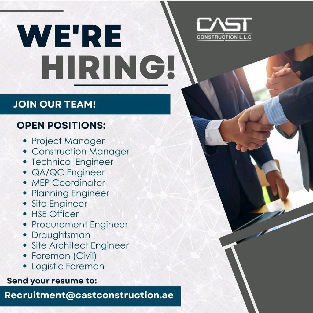 CAST Construction Jobs in Dubai 2026 – Multiple Vacancies 1 CAST Construction Jobs in Dubai 2026 – Multiple Vacancies
