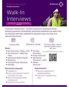 Al Ghurair Infrastructure Jobs 2026 – Walk-In Interview for Technicians & Skilled Workers