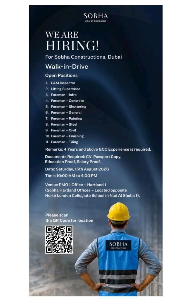 Sobha Constructions Jobs in Dubai 2026 – Walk-in Interview for Multiple Positions 1 Sobha Constructions Jobs in Dubai 2026 – Walk-in Interview for Multiple Positions