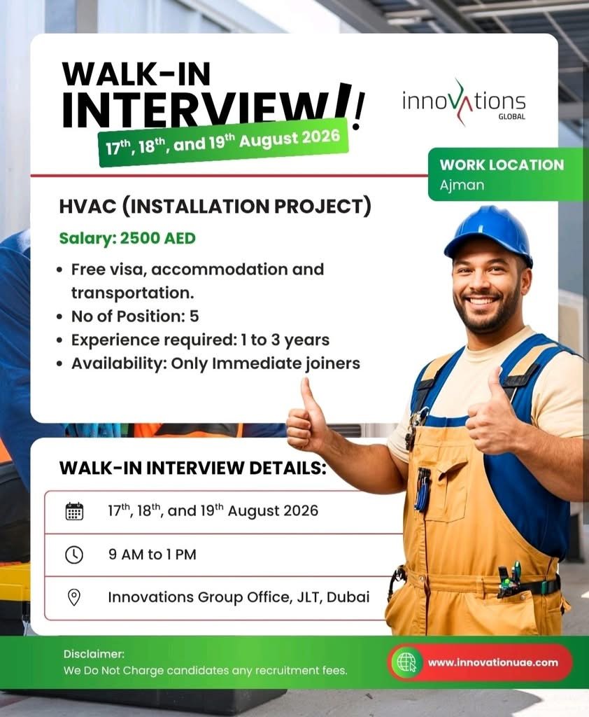 Innovations Global HVAC Technician Jobs 2026 – Walk-In Interview in Dubai 1 Innovations Global HVAC Technician Jobs 2026 – Walk-In Interview in Dubai