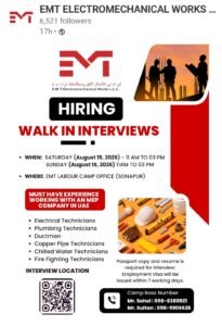 EMT Electromechanical Walk in Interviews in UAE – Aug 2026 (Sonapur)