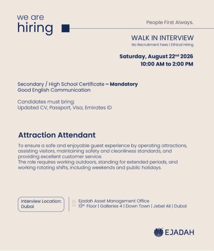 Ejadah Careers 2026 – Attraction Attendant Walk-In Interview in Dubai 1 Ejadah Careers 2026 – Attraction Attendant Walk-In Interview in Dubai