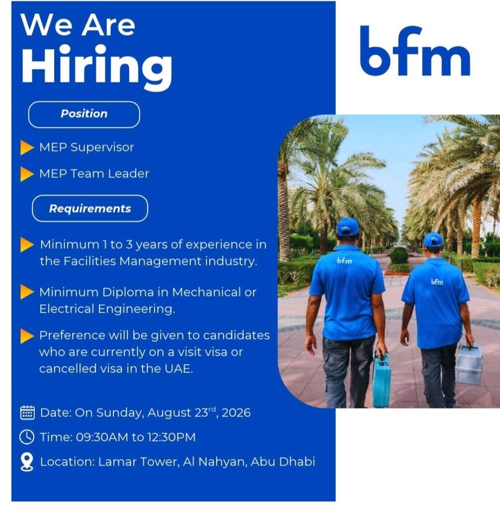 BFM – Bloom Facilities Management Jobs 2026: Walk-In Interview in Abu Dhabi 1 BFM – Bloom Facilities Management Jobs 2026: Walk-In Interview in Abu Dhabi