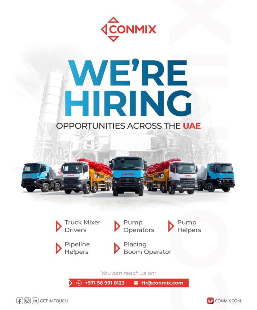 CONMIX Jobs in UAE – Latest Vacancies for Drivers, Pump Operators & Helpers 1 CONMIX Jobs in UAE – Latest Vacancies for Drivers, Pump Operators & Helpers