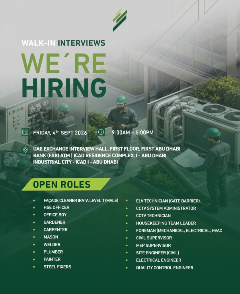 Khadamat Facilities Management Walk-In Interview in Dubai 2026 – Multiple Job Vacancies Open 1 Khadamat Facilities Management