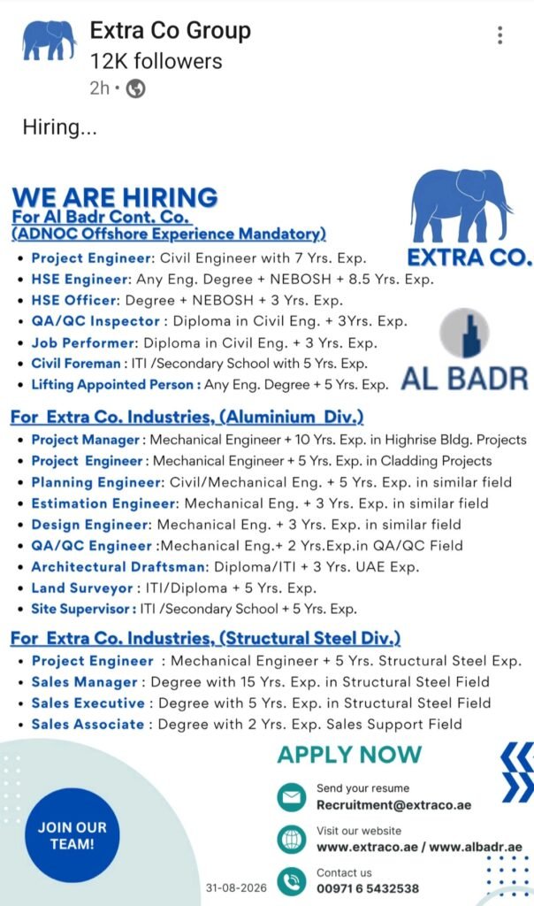 Extra Co Group Jobs in UAE – Latest Vacancies for Engineers, HSE & Construction Professionals