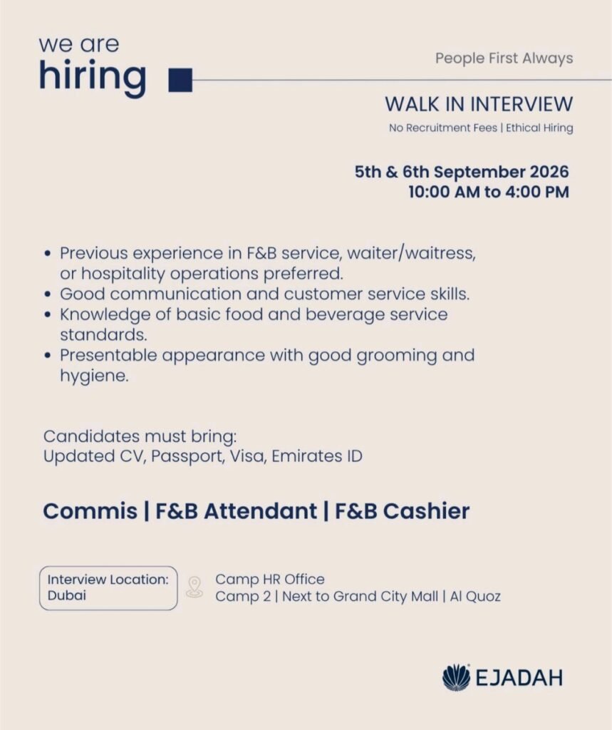 Ejadah Careers 2026: Walk-In Interview for F&B Jobs in Dubai 1 Ejadah Careers 2026: Walk-In Interview for F&B Jobs in Dubai