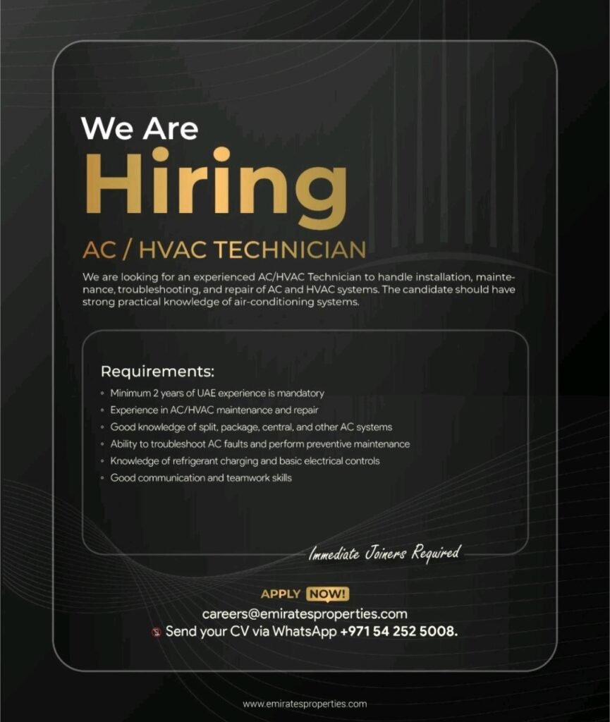 Emirates Properties Jobs in Dubai – Call Center Executive, Multi Technician & AC/HVAC Technician 3 Emirates Properties Jobs in Dubai – Call Center Executive, Multi Technician & AC/HVAC Technician