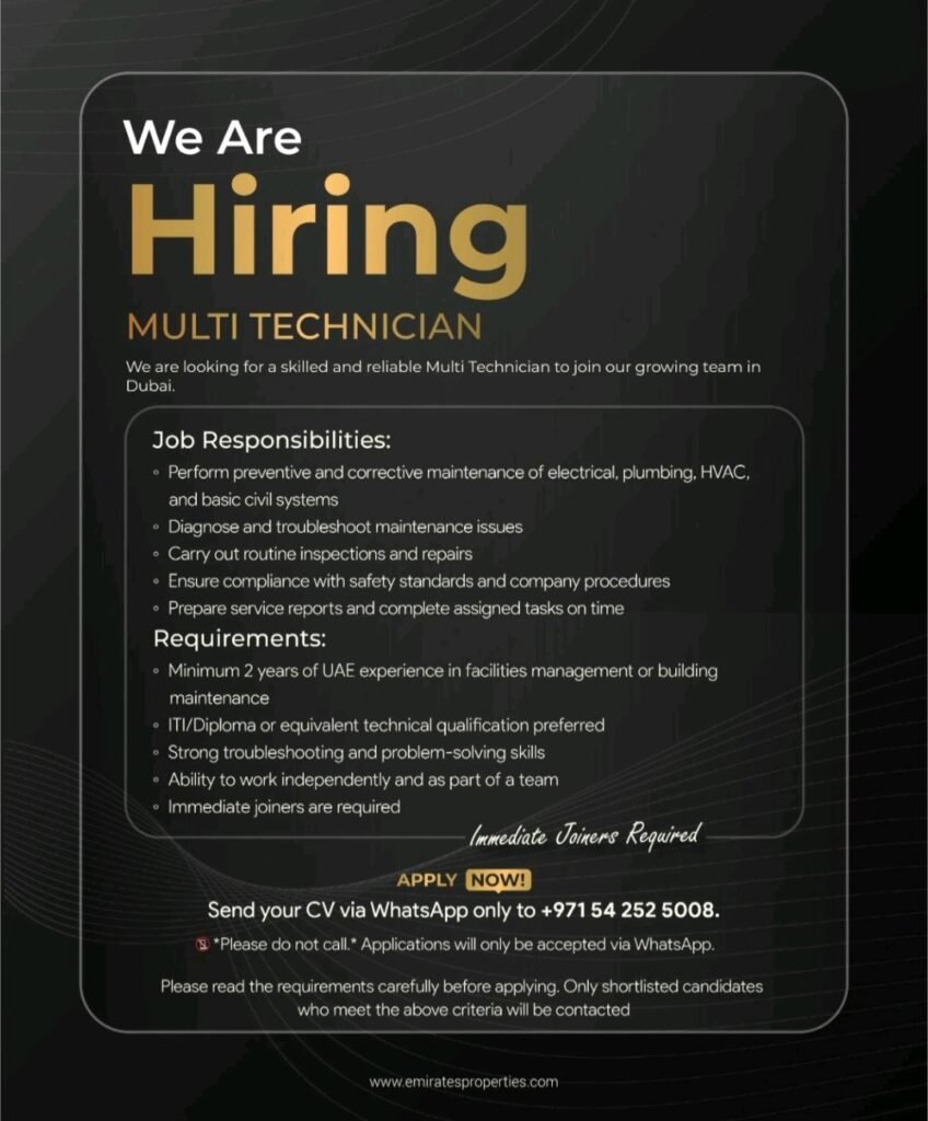 Emirates Properties Jobs in Dubai – Call Center Executive, Multi Technician & AC/HVAC Technician 2 Emirates Properties Jobs in Dubai – Call Center Executive, Multi Technician & AC/HVAC Technician