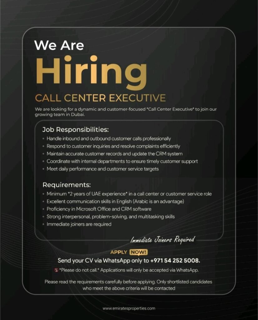 Emirates Properties Jobs in Dubai – Call Center Executive, Multi Technician & AC/HVAC Technician 1 Emirates Properties Jobs in Dubai – Call Center Executive, Multi Technician & AC/HVAC Technician