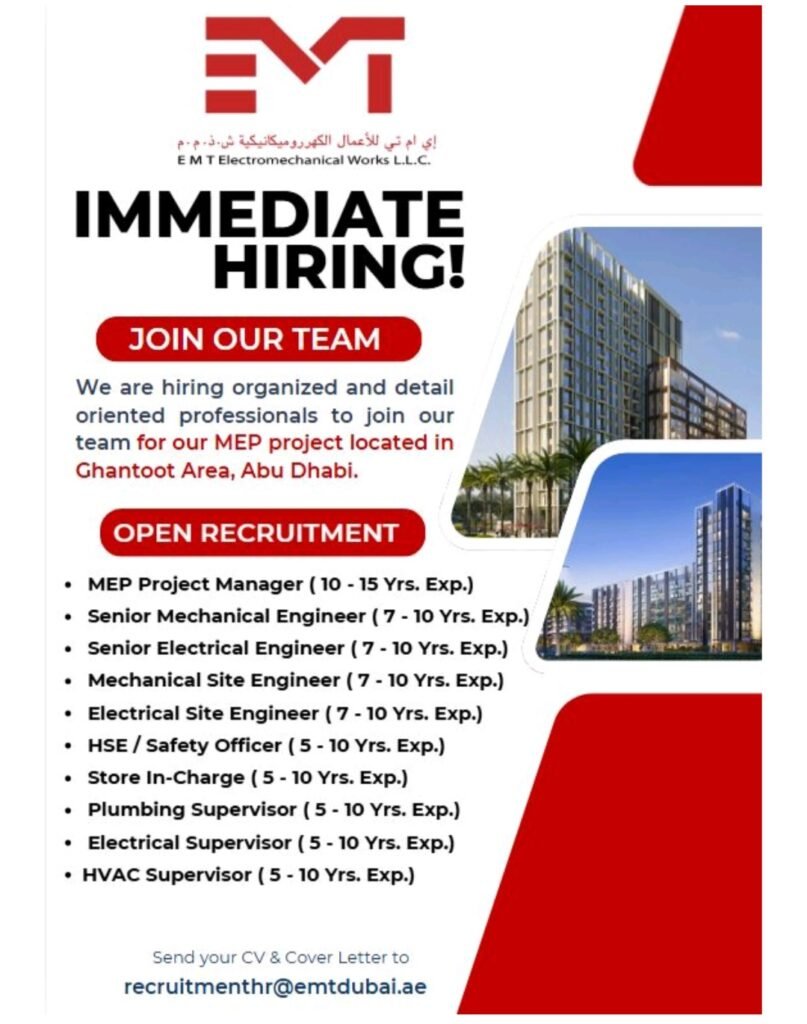 EMT Electromechanical Works Announces Multiple Job Openings Across UAE – Apply Now 2026 1 EMT Electromechanical Works Announces Multiple Job Openings Across UAE – Apply Now 2026