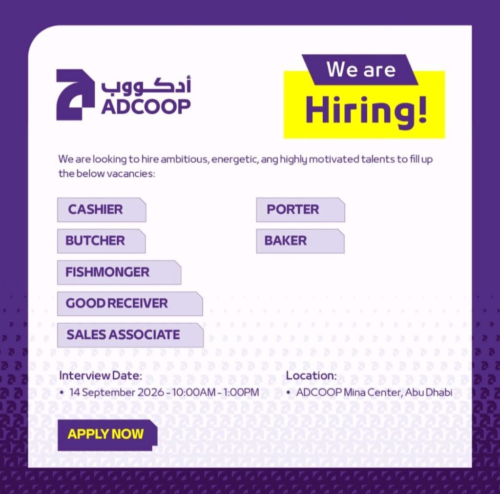 ADCOOP Jobs in Abu Dhabi 2026 – Walk-In Interview for Cashier, Butcher, Baker & More