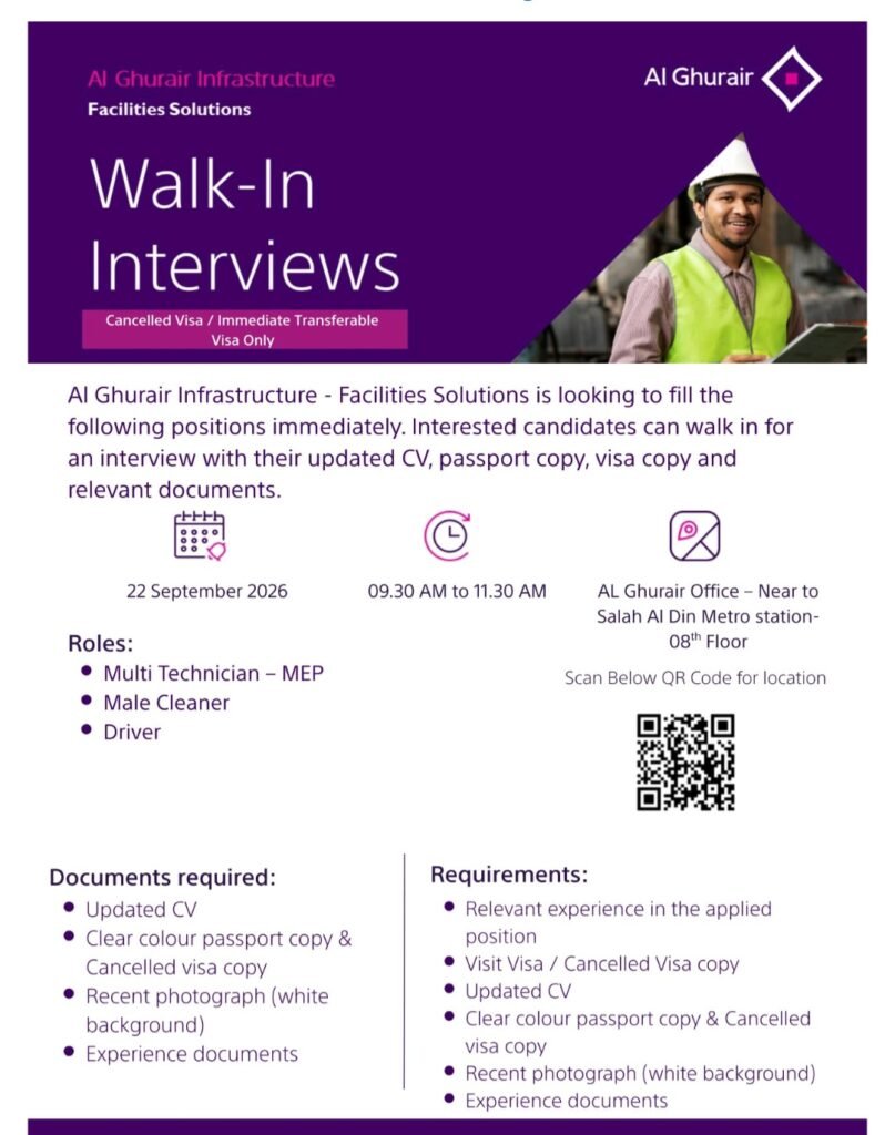 Al Ghurair Infrastructure Jobs 2026 – Walk-In Interview for Multi Technician, Cleaner & Driver