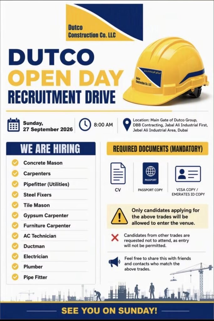 Dutco Construction Co. LLC Jobs 2026 – Open Day Recruitment Drive