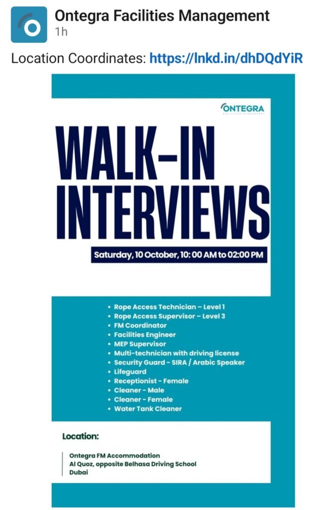 Ontegra Facilities Management Walk-In Interview 2026 | Dubai Facility Management Jobs 1 Ontegra Facilities Management Walk-In Interview 2026 | Dubai Facility Management Jobs
