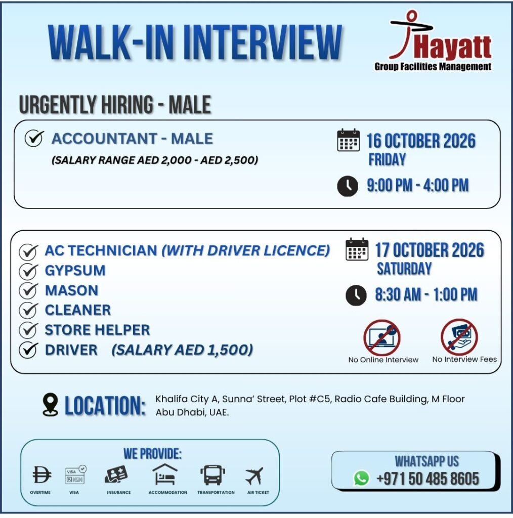 Hayatt Group Facilities Management LLC Jobs – Walk-In Interview in Abu Dhabi 2026 1 Hayatt Group Facilities Management LLC Jobs – Walk-In Interview in Abu Dhabi 2026