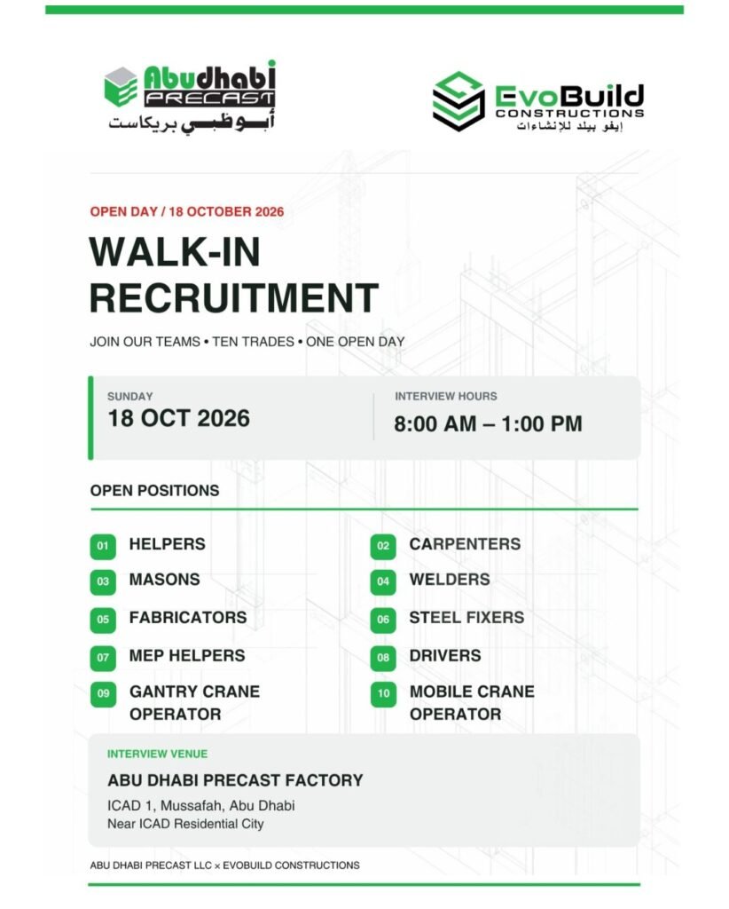 Abu Dhabi Precast LLC & EvoBuild Constructions Walk-In Interview 2026 – 10 Job Vacancies