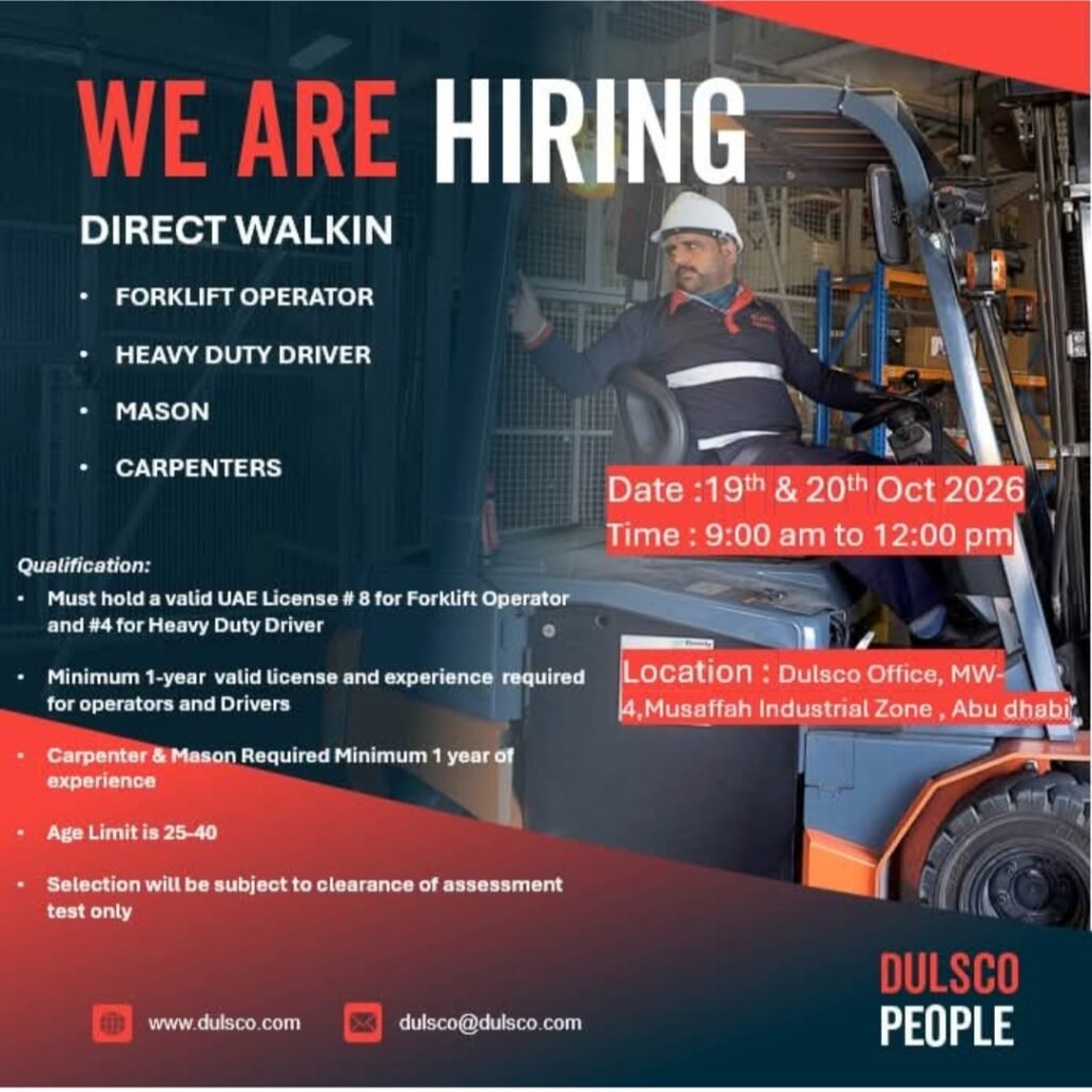 Dulsco Jobs 2026: Walk-In Interview for Forklift Operator, Heavy Duty Driver, Mason & Carpenters 1 Dulsco Jobs 2026: Walk-In Interview for Forklift Operator, Heavy Duty Driver, Mason & Carpenters