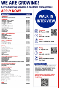 Kelvin Catering Services & Facilities Management Jobs 2026 – Walk-In Interview in Dubai & Abu Dhabi 1 Kelvin Catering Services & Facilities Management Jobs 2026 – Walk-In Interview in Dubai & Abu Dhabi