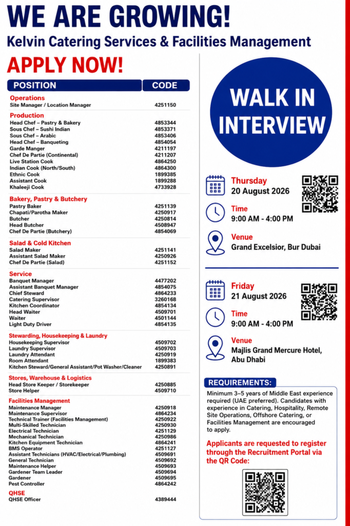 Kelvin Catering Services & Facilities Management Jobs 2026 – Walk-In Interview in Dubai & Abu Dhabi 1 Kelvin Catering Services & Facilities Management Jobs 2026 – Walk-In Interview in Dubai & Abu Dhabi