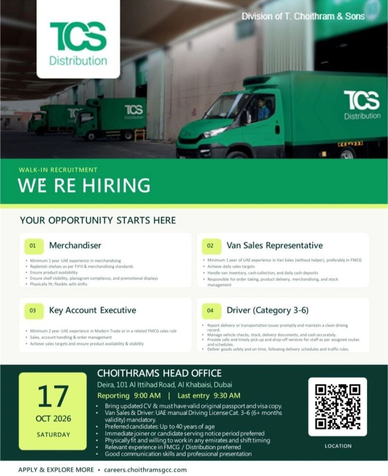 Choithrams Walk-In Interview 2026: Merchandiser, Van Sales, Key Account Executive & Driver Jobs 1 Choithrams Walk-In Interview 2026: Merchandiser, Van Sales, Key Account Executive & Driver Jobs
