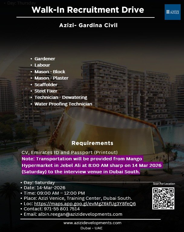 Azizi Developments Walk-In Recruitment Drive 2026: Multiple Construction Jobs in Dubai South 1 Azizi Developments Walk-In Recruitment Drive