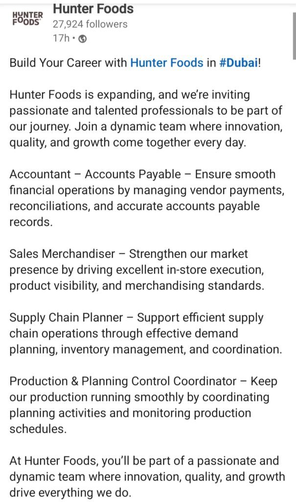 Hunter Foods Careers Dubai 2026: Multiple Job Openings Across UAE 1 Hunter Foods