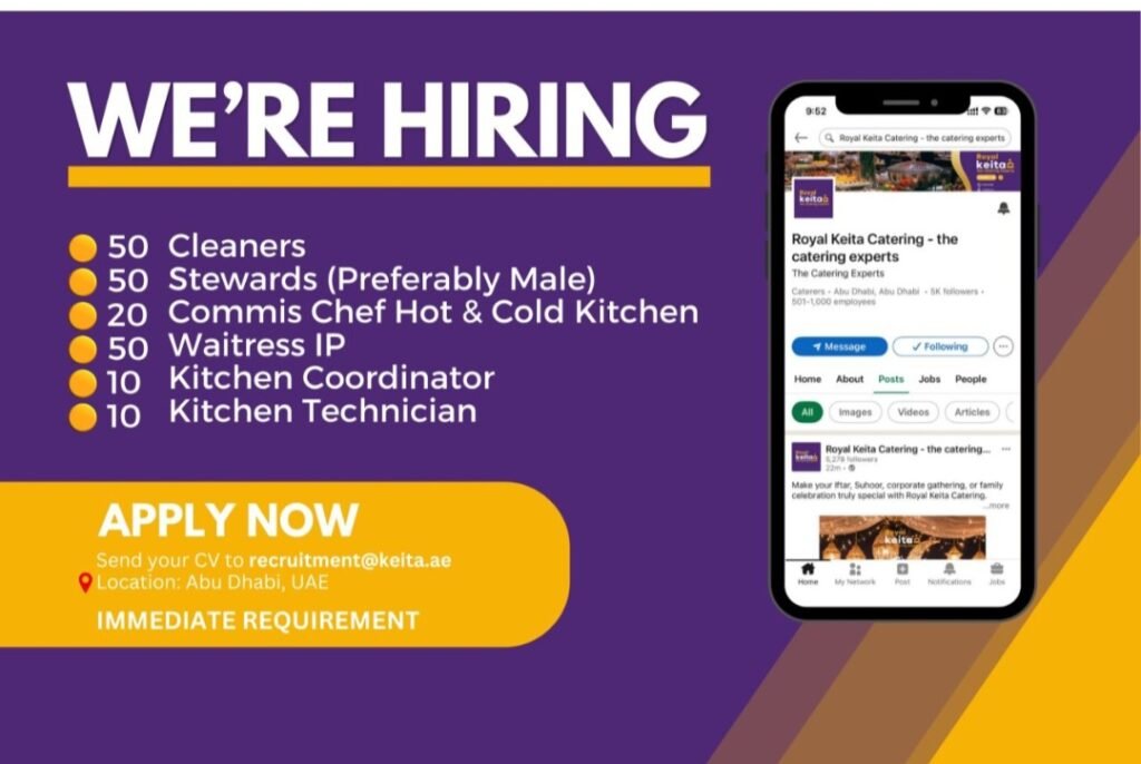 Royal Keita Catering Hiring in Abu Dhabi: Multiple Positions Available for Cleaners, Stewards, Chefs & More 2026 1 Royal Keita Catering
