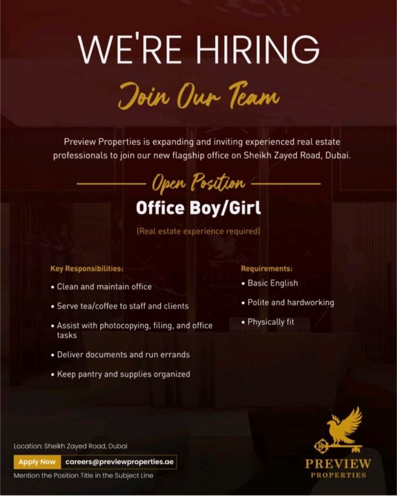 Office Boy/Girl Required – Real Estate Experience Preferred | Preview Properties Dubai