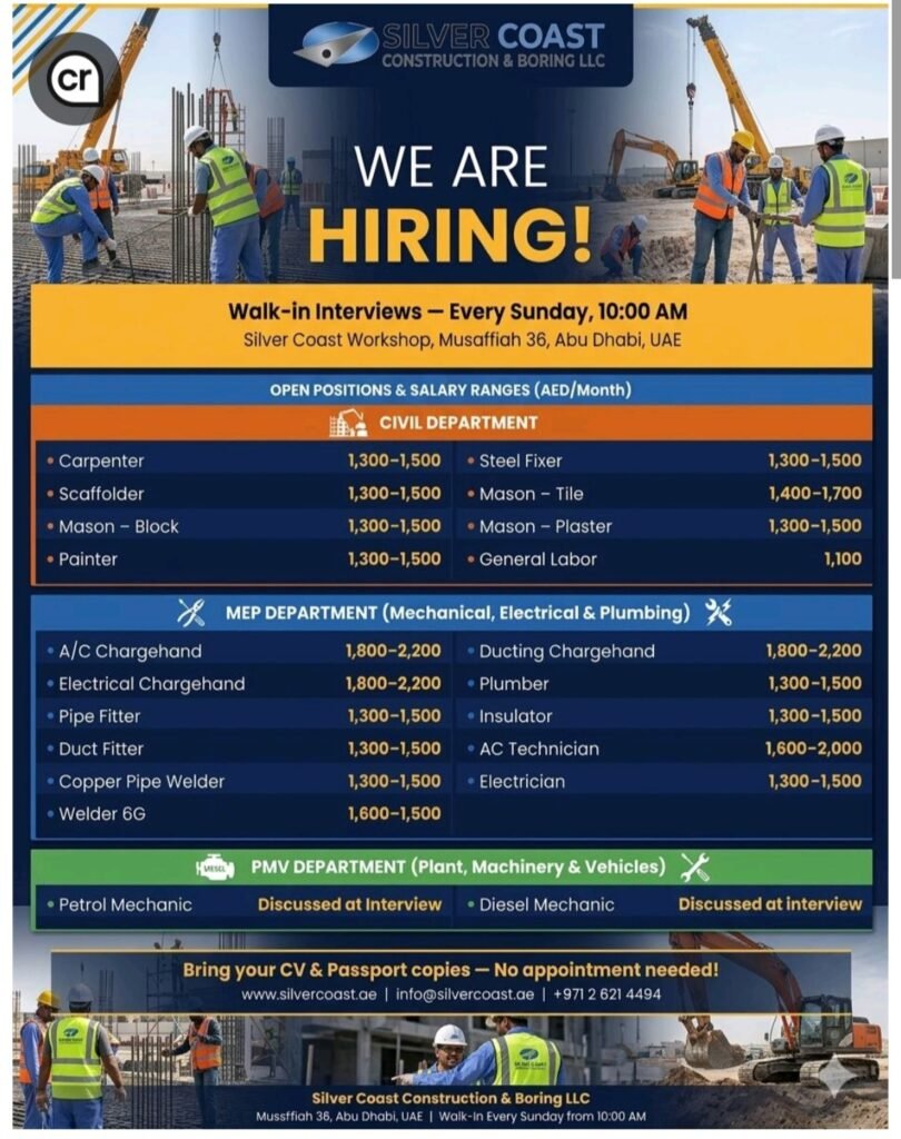 Silver Coast Construction & Boring LLC Walk-in Interviews 2026: Open Every Sunday in Abu Dhabi 1 Silver Coast Construction