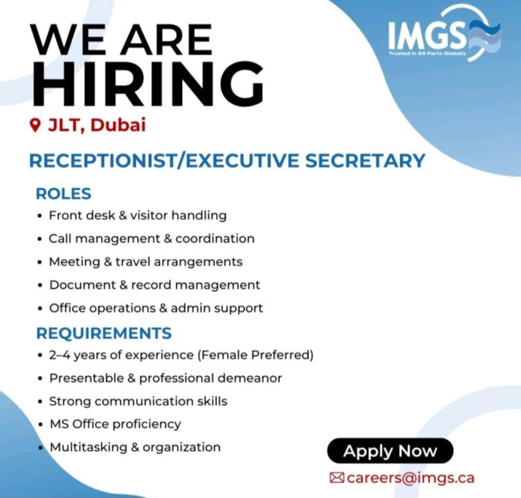 Receptionist & Executive Secretary Jobs in Dubai (JLT): Hiring Now 2026 1 Jumeirah Lakes Towers (JLT)