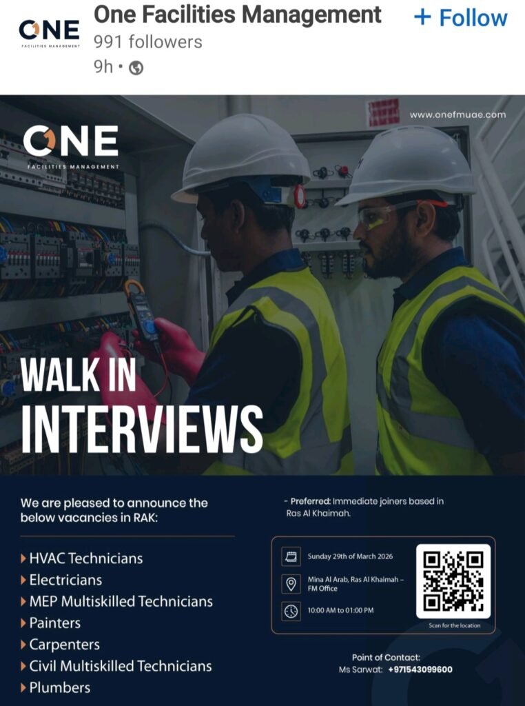 One Facilities Management Walk-in Interview in RAK (March 2026) 1 One Facilities Management