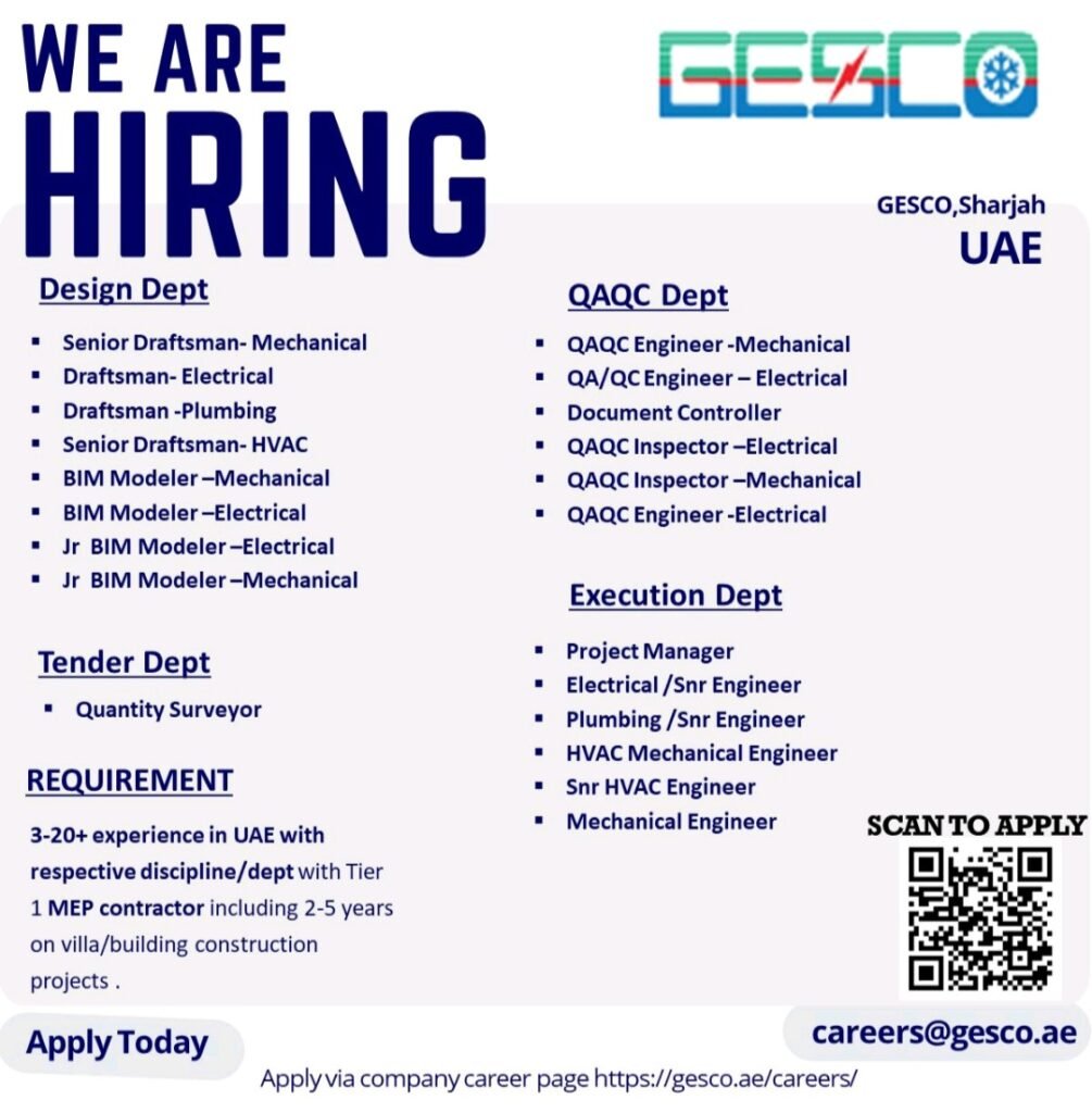 Gesco UAE is Hiring: MEP Jobs for Tier 1 Contractors (Design, QAQC, Execution) 1 Gesco