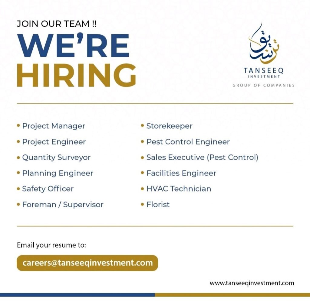 Tanseeq Investment Group Announces Multiple Job Openings Across Engineering and Project Roles 2026