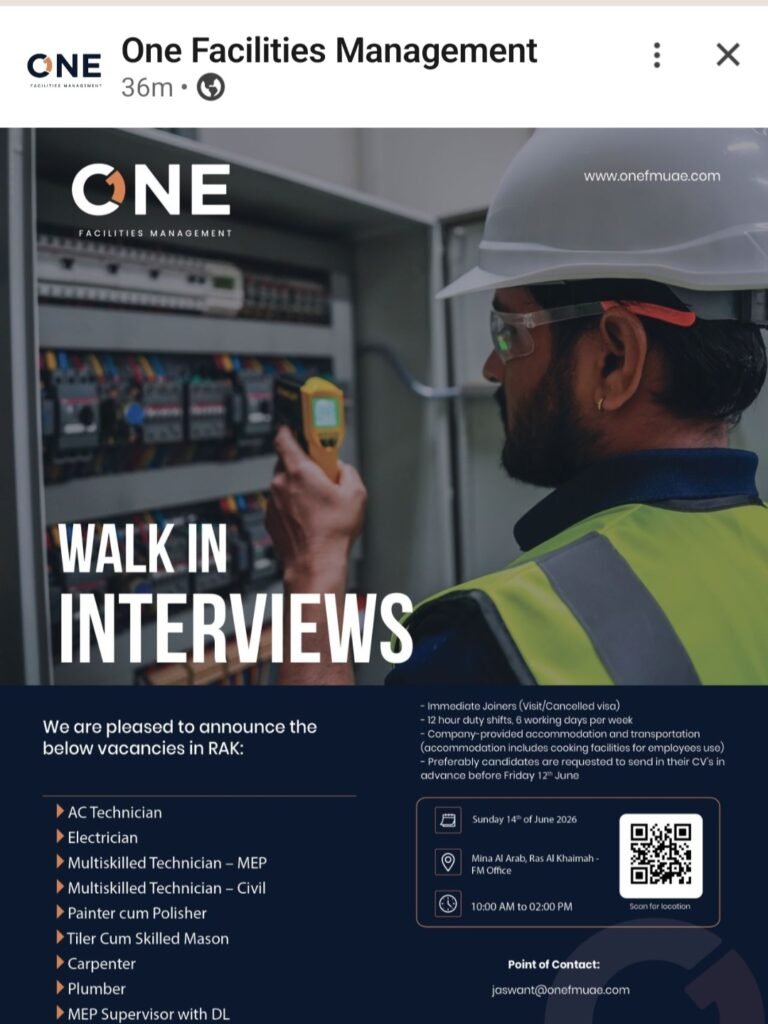 One Facilities Management Walk-In Interview 2026 in Ras Al Khaimah – Multiple Technical Job Openings 1 One Facilities Management Walk-In Interview 2026 in Ras Al Khaimah – Multiple Technical Job Openings