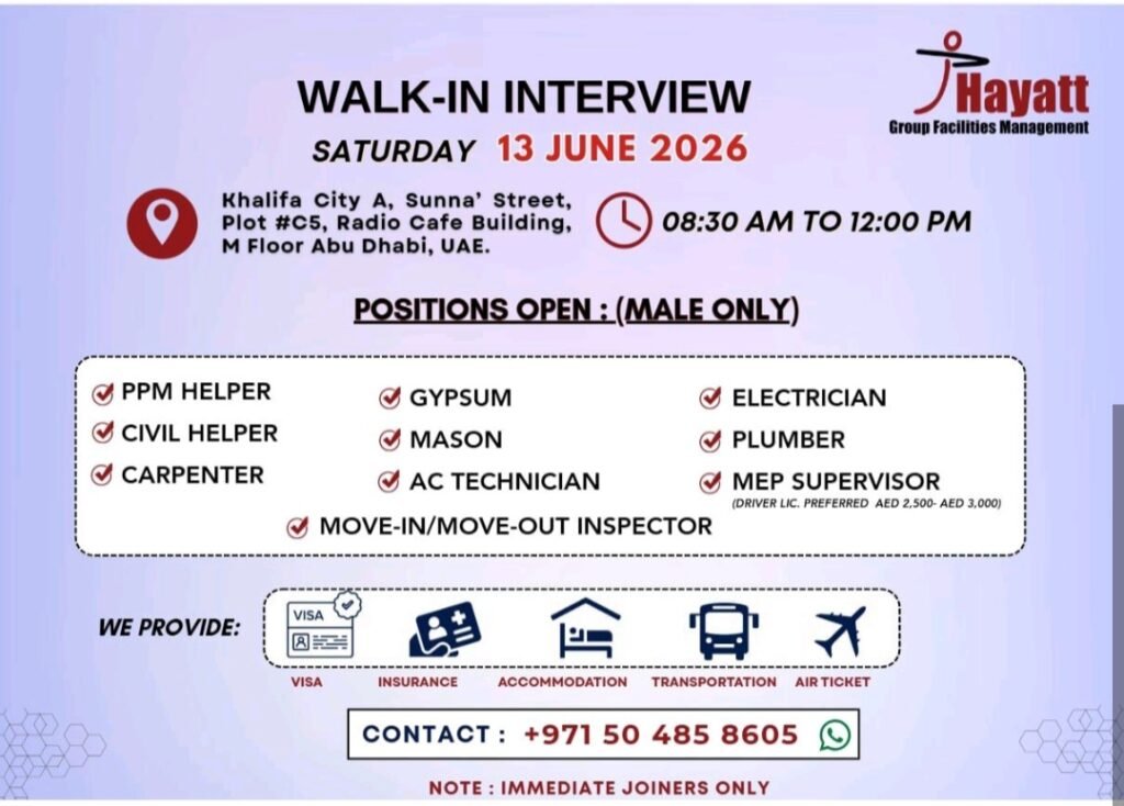 Hayatt Group Facilities Management Walk-In Interview 2026 – Abu Dhabi Jobs for Technicians, Helpers & Supervisors 1 Hayatt Group Facilities Management Walk-In Interview 2026 – Abu Dhabi Jobs for Technicians, Helpers & Supervisors