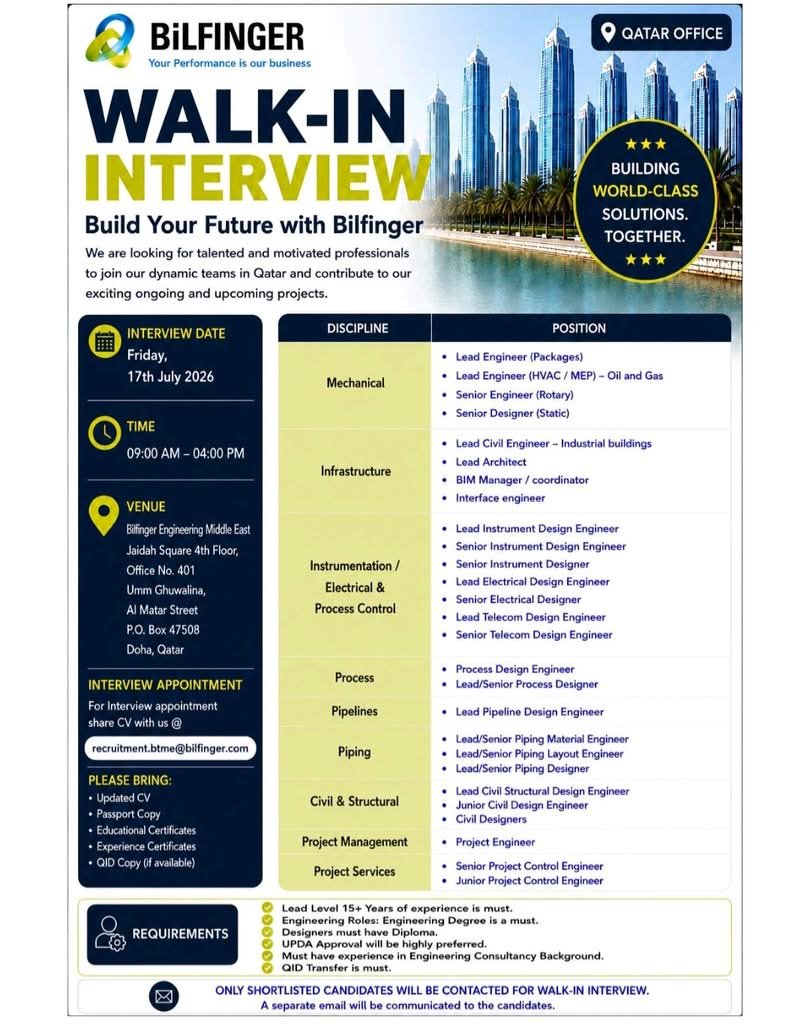 Bilfinger Walk-In Interview 2026 in Qatar | Engineering Jobs at Bilfinger Engineering Middle East 1 Bilfinger