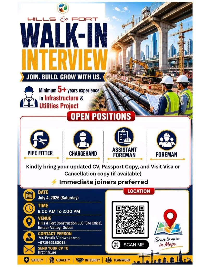 Hills & Fort Construction LLC Walk-In Interview 2026 | UAE Infrastructure Jobs 1 Hills & Fort Construction LLC Walk-In Interview 2026 | UAE Infrastructure Jobs