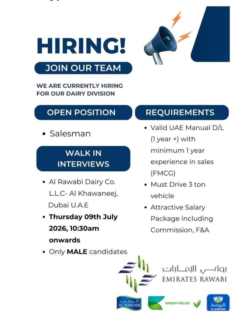 Al Rawabi Salesman Walk-In Interview 2026 | Dubai FMCG Jobs