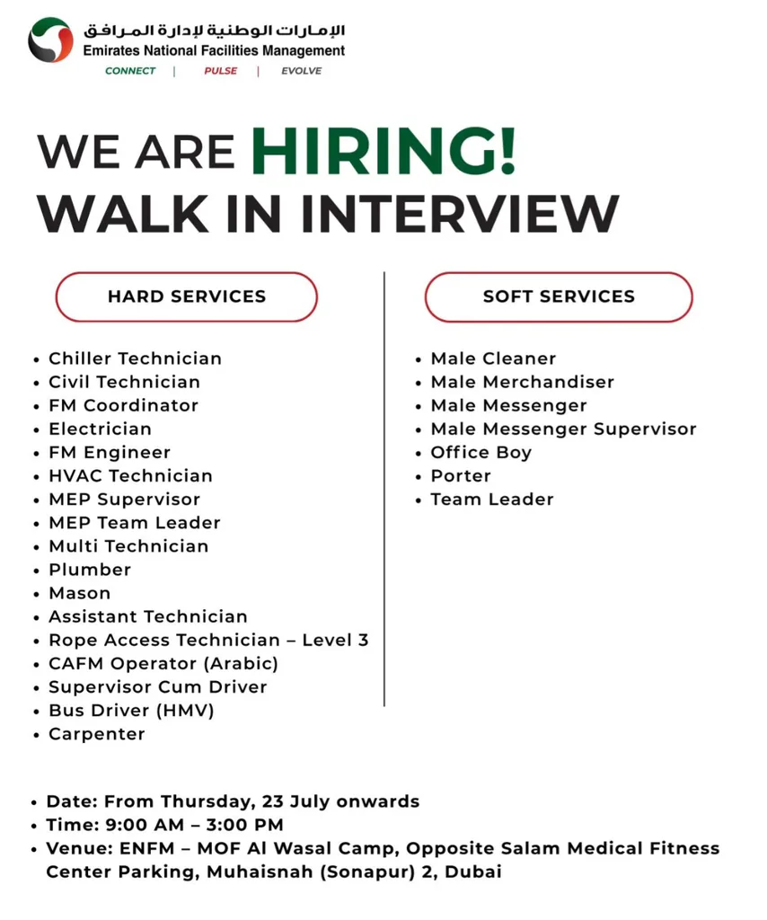 Emirates National Facilities Management (EnFM) Walk-In Interview 2026 | Latest Dubai Jobs 1 Emirates National Facilities Management (EnFM) Walk-In Interview 2026 | Latest Dubai Jobs